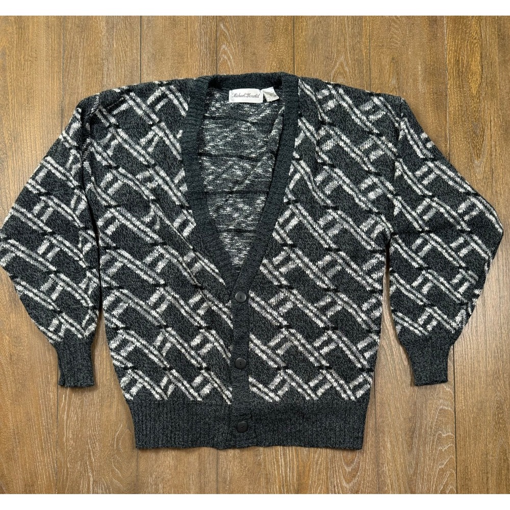 Vintage Michael Gerald Cardigan Men XL Black White Geometric Grandpa Sweater